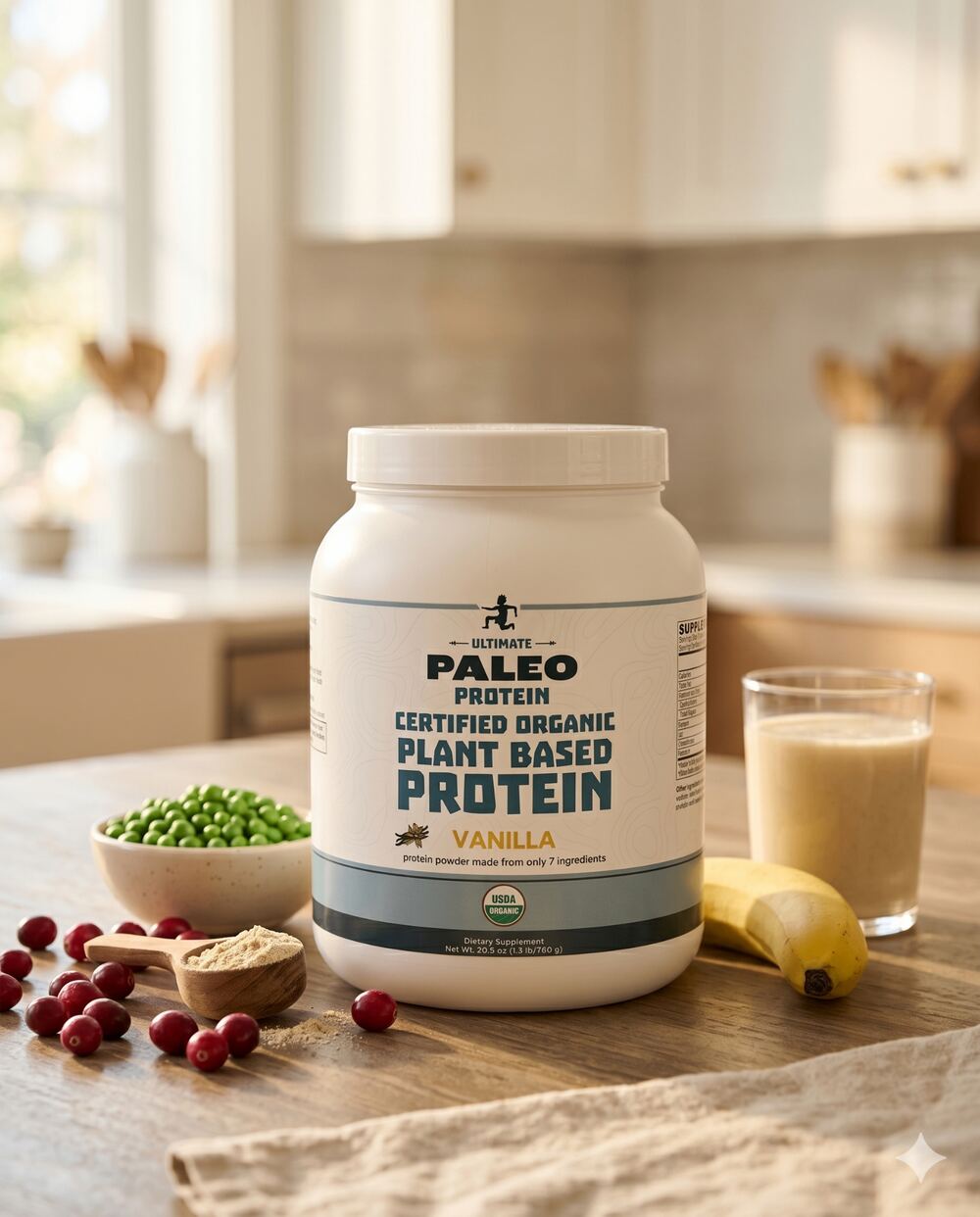 Ultimate Paleo Organic Plant Based Protein tub on a kitchen counter with peas, cranberries, banana, and a smoothie